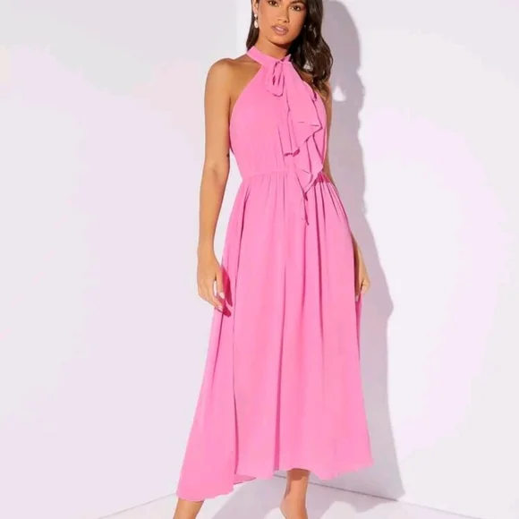 ๐NWT Hot Pink Chiffon Halter Midi Classic ๐ - Picture 3 of 7
